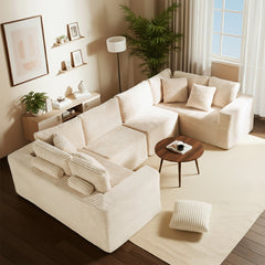135.5" Beige Corduroy Modular Sectional Sofa: 6-Seater U-Shaped Couch with Reversible Chaise Lounge, Freely Configurable for Small Apartments/Living Rooms (Easy to Assemble)