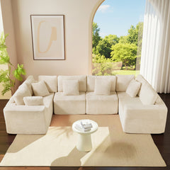 135.5" Beige Corduroy Modular Sectional Sofa: 6-Seater U-Shaped Couch with Reversible Chaise Lounge, Freely Configurable for Small Apartments/Living Rooms (Easy to Assemble)