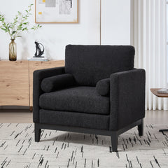 35.4 "Wide Modern Farmhouse Performance Accent Chair with Black Finish Legs, Wood Base Reading Armchair Single Sofa with Two Bolster Pillows for Living Room offices and Lounge, Black Boucle.