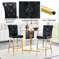A set of 2 black and gold vintage crocodile leather bar chairs, featuring crystal clasp design and synthetic leather design, adding a touch of elegance and mystery to the dining area