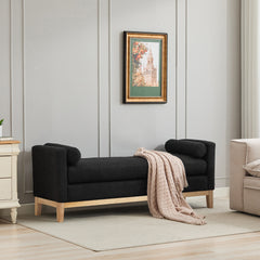 66.34"W Elegant Upholstered Bench,Daybed, Ottoman with Nature Wood Legs & 2 Bolster Pillows for End of Bed, Bedroom, Living Room, Entryway,Black Boucle