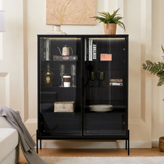 51.2'' Freestanding Display Cabinet, Pantry with 2 Storage Drawers and Glass Doors, Curio Cabinet with 4-Tier Adjustable Shelves and LED light, for Living Room, Kitchen, Office - Black