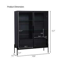 51.2'' Freestanding Display Cabinet, Pantry with 2 Storage Drawers and Glass Doors, Curio Cabinet with 4-Tier Adjustable Shelves and LED light, for Living Room, Kitchen, Office - Black