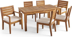 Outdoor 6-Seater Acacia Wood Expandable Dining Set with Cushions,Sandblasted Natural and Beige