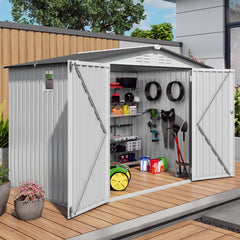 8X6 FT Metal Outdoor Garden Storage Shed, Tool Shed with Pitched Roof Waterproof with One Window and Two Lockable Door, Metal Tool Shed for Garden Tool Storage, Sundries and Bike Storage, White + Gray
