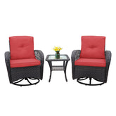 3 Pieces Conversation Set, Outdoor Wicker Rocker Swivel Patio Bistro Set, Rocking Chair with Glass Top Side Table,Red