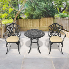 3-Piece Set Of Cast Aluminum Patio Furniture With Black Frame and Off-white Seat Cushions