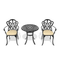 3-Piece Set Of Cast Aluminum Patio Furniture With Black Frame and Off-white Seat Cushions