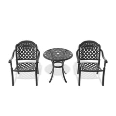 3-Piece Set Of Cast Aluminum Patio Furniture With Black Frame and Red Seat Cushions