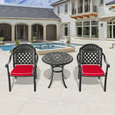 3-Piece Set Of Cast Aluminum Patio Furniture With Black Frame and Red Seat Cushions