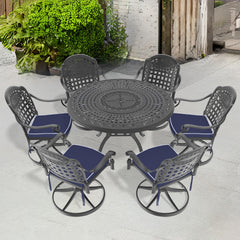 7-Piece All-Weather Cast Aluminum Dining Set, Include 6 Swivel Chairs and 47.24" Round Table With Black Frame (same sku:W1710S00450)