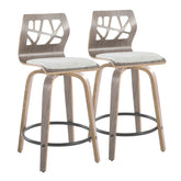 Folia 24" Contemporary Fixed-Height Counter Stool with Swivel in Light Grey Wood and Light Grey Fabric with Round Black Metal Footrest by LumiSource - Set of 2