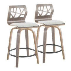 Folia 24" Contemporary Fixed-Height Counter Stool with Swivel in Light Grey Wood and Light Grey Fabric with Round Black Metal Footrest by LumiSource - Set of 2