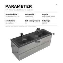 60" Floating Vanity with Sink, Wall-Mounted Storage Cabinet, Double Black Quartz Sand Basins Four Soft-Close Drawers Fully Assembled, EDI-Series, Cement Grey 24V12-60GR-W1920P385533