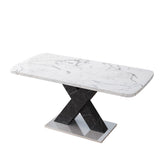 Modern Rectangle Dining Table, Stretchable, Printed White Marble Table Top+MDF Black X-Shape Table Leg with Metal Base (Same SKU:W757S00049)