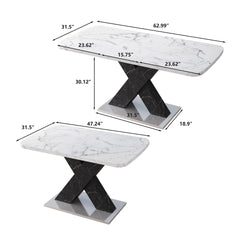 Modern Rectangle Dining Table, Stretchable, Printed White Marble Table Top+MDF Black X-Shape Table Leg with Metal Base (Same SKU:W757S00049)