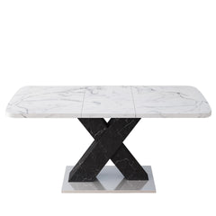 Modern Rectangle Dining Table, Stretchable, Printed White Marble Table Top+MDF Black X-Shape Table Leg with Metal Base (Same SKU:W757S00049)