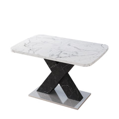 Modern Rectangle Dining Table, Stretchable, Printed White Marble Table Top+MDF Black X-Shape Table Leg with Metal Base (Same SKU:W757S00049)