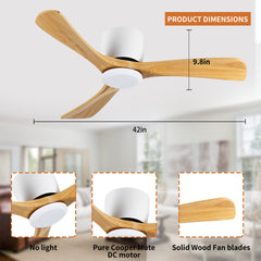 42 Inch Ceiling Fan no light with Remote Control, Low Profile Flush Mount Ceiling Fan without Light,Noiseless Reversible DC Motor with Timer