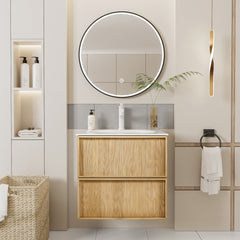 24-Inch Floating Bathroom Vanity with Sink, Pre-assembled, Natural Oak Fluted Front, Multi-Layer Solid Wood, Wall-Mounted, White Stone Top, 2 Soft-Close Drawers