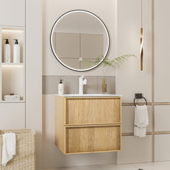 24-Inch Floating Bathroom Vanity with Sink, Pre-assembled, Natural Oak Fluted Front, Multi-Layer Solid Wood, Wall-Mounted, White Stone Top, 2 Soft-Close Drawers