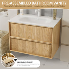 24-Inch Floating Bathroom Vanity with Sink, Pre-assembled, Natural Oak Fluted Front, Multi-Layer Solid Wood, Wall-Mounted, White Stone Top, 2 Soft-Close Drawers