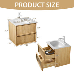 24-Inch Floating Bathroom Vanity with Sink, Pre-assembled, Natural Oak Fluted Front, Multi-Layer Solid Wood, Wall-Mounted, White Stone Top, 2 Soft-Close Drawers