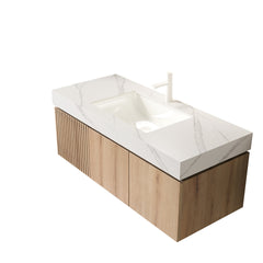 MURI 48" Bathroom Vanity&Sink, Floating Plywood Storage Cabinet with Drawer&Doors, Carrara White Sintered Stone Top&Ceramic Basin with 1 Pre-drilled Faucet Hole, Pre-assembled, White Oak Woodgrain