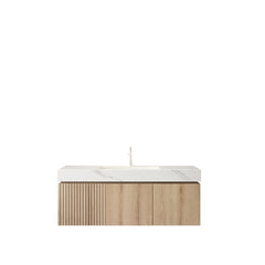 MURI 48" Bathroom Vanity&Sink, Floating Plywood Storage Cabinet with Drawer&Doors, Carrara White Sintered Stone Top&Ceramic Basin with 1 Pre-drilled Faucet Hole, Pre-assembled, White Oak Woodgrain
