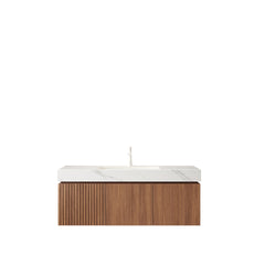 MURI 48" Bathroom Vanity&Sink, Floating Plywood Storage Cabinet with Drawer&Doors, Carrara White Sintered Stone Top&Ceramic Basin with 1 Pre-drilled Faucet Hole, Pre-assembled, Brown Oak Woodgrain