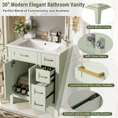 30" Bathroom Vanity with Ceramic Sink, Modern Storage Cabinet with Soft-Close Doors, Deep Drawer & Standard Drawer, Stylish Bath Vanity for Small Bathrooms