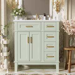 30" Bathroom Vanity with Ceramic Sink, Modern Storage Cabinet with Soft-Close Doors, Deep Drawer & Standard Drawer, Stylish Bath Vanity for Small Bathrooms
