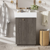 21.6" bathroom vanity with ceramic sink, freestanding modern right door wood grain cabinet with open and closed storage for small bathrooms