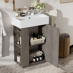 21.6" bathroom vanity with ceramic sink, freestanding modern right door wood grain cabinet with open and closed storage for small bathrooms