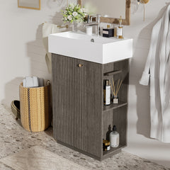 21.6" bathroom vanity with ceramic sink, freestanding modern left door wood grain cabinet with open and closed storage