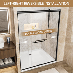 56"-60" W x 72" H Matte Black Aluminum Frame Double Sliding Shower Door, 1/4" (6mm) Clear Tempered Glass With Explosion-proof Film, Dual Stainless Steel Handles