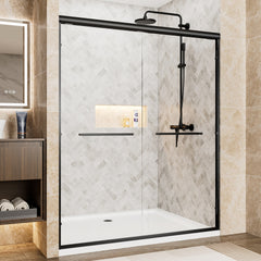 56"-60" W x 72" H Matte Black Aluminum Frame Double Sliding Shower Door, 1/4" (6mm) Clear Tempered Glass With Explosion-proof Film, Dual Stainless Steel Handles