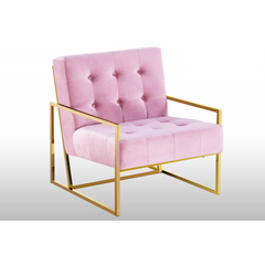 Living Room Accent Chair with Gold Metal Frame, 1Pc Velvet Tufted Armchair, Pink
