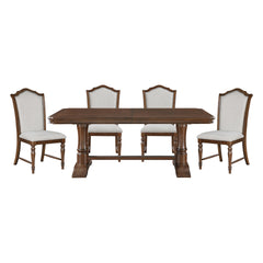 Formal Traditional Dining Set 5pc Table with Extension Leaf and 4 Side Chairs Cherry Finish Fabric Upholstery Nailhead Trim Wooden Furniture