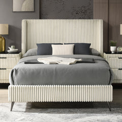 Mavela Wide Wale Corduroy Upholstery Panel Queen Bed, Cream