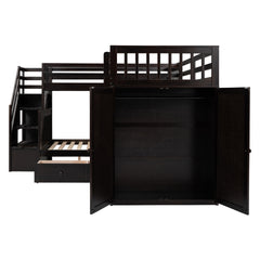 Twin-Twin over Full L-Shaped Bunk Bed With 3 Drawers, Portable Desk and Wardrobe, Espresso(OLD SKU:LT100542AAP)