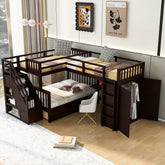 Twin-Twin over Full L-Shaped Bunk Bed With 3 Drawers, Portable Desk and Wardrobe, Espresso(OLD SKU:LT100542AAP)