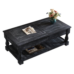 Farmhouse Lift Top Coffee Table with Fixed Shelf - 3 Hidden Storage Trays, Handsomely Crafted in Weathered Black Finish, Versatile Two-Tier Living Room Table