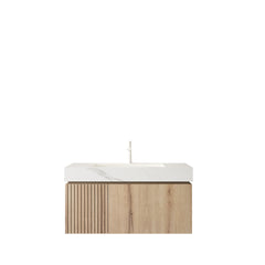 MURI 36" Bathroom Vanity&Sink, Floating Plywood Storage Cabinet with Drawer&Door, Carrara White Sintered Stone Top&Ceramic Basin with 1 Pre-drilled Faucet Hole, Pre-assembled, White Oak Woodgrain
