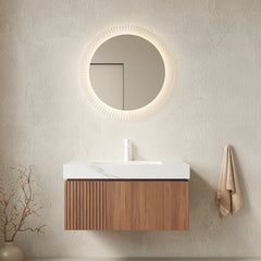 MURI 36" Bathroom Vanity&Sink, Floating Plywood Storage Cabinet with Drawer&Door, Carrara White Sintered Stone Top&Ceramic Basin with 1 Pre-drilled Faucet Hole, Pre-assembled, Brown Oak Woodgrain