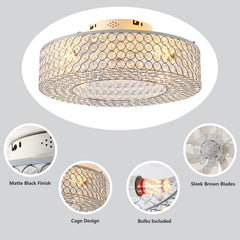 19.6'' Crystal Ceiling Fans with Remote, Flush Mount Ceiling Fan with Light, Chandelier Fan 6 Speed DC Motor Reversible Ceiling Fan For Living Room Bedroom.--NOT INCLUDED BULB