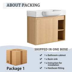 28'' Wall-Mounted Bathroom Vanity with White Ceramic Sink & Soft-Close Door, KD-Packing, Light Oak
