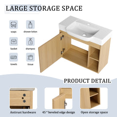28'' Wall-Mounted Bathroom Vanity with White Ceramic Sink & Soft-Close Door, KD-Packing, Light Oak