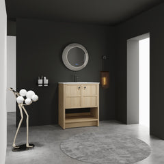 30" Freestanding Bathroom Vanity whit Ceramic Sink, 2-Soft Closing Door, Oak, Plywood