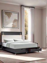 Mid-Century Modern 1pc Queen Size Bed w Storage Drawers Black Solid wood Upholstered HB Reading Light Bedroom Furniture